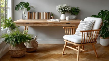 empty smart home office desk workspace clean modern furniture blank background