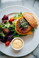 Freshly prepared gourmet burger placed on a white plate, featuring a seeded bun, patty, cheddar cheese, green lettuce, and microgreens.