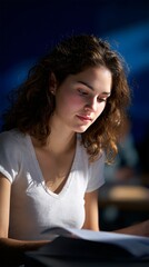 Young Woman Studying in Sunlit Room Contemplating Exam Results