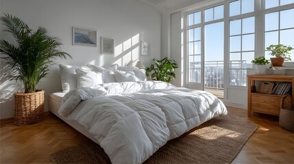 smart home bedroom empty bed white walls bright natural light modern furniture