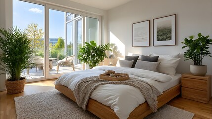 smart home bedroom empty bed white walls bright natural light modern furniture