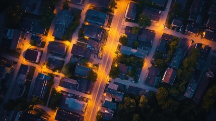 Obraz premium Aerial view of residential city neighborhood at night
