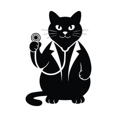 Charming black cat dressed as a veterinarian holding a stethoscope with a friendly expression silhouette