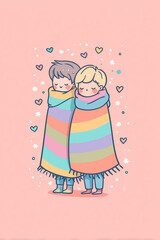 Cartoon gay couple wrapped together in a giant rainbow-colored scarf with tiny hearts floating around
