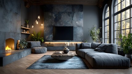 empty entertainment room smart TV glowing lights modern minimal interior