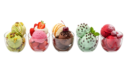 Ice cream scoop ball on transparent background cutout, colorful ice cream scoop in bow, top view. PNG file. Many assorted different flavour Mockup template for artwork design.	