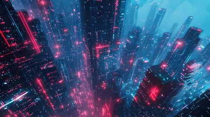 Obraz premium Futuristic cyberpunk cityscape illustrating digital data flow