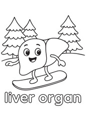 coloring book liver organ surfing on board in forest, anatomy cartoon for kids
