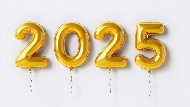 Shiny gold balloons displaying the year 2025 floating together