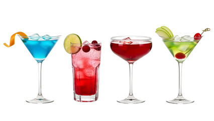 a set of cocktails: gin tonic, blue lagoon, tequila sunrise, iced irish coffee, pina colada, mai tai, cocktail with rum, whiskey, mojito