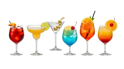 a set of cocktails: gin tonic, blue lagoon, tequila sunrise, iced irish coffee, pina colada, mai tai, cocktail with rum, whiskey, mojito