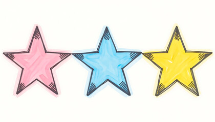 Obraz premium Hand-Drawn Colorful Stars: Pink, Blue, and Yellow Stars with Black Outlines on White Background, Sketch Style Illustration 