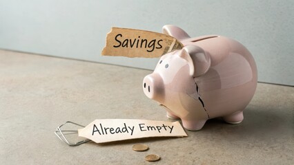 A cracked piggy bank with savings tag representing empty funds