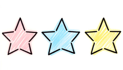 Obraz premium Three Simple Star Shapes, Pink, Blue and Yellow, Hand-Drawn with Black Outlines on a White Background, Isolated Macro 