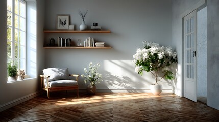 smart home living room empty corner minimal furniture blank background