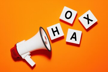 A white megaphone with red accents lies on an orange background with wooden tiles spelling HOAX nearby