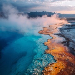Dramatic aerial view captures the vibrant blues and turquoise of a thermal pool, complemented by golden and brown mineral deposits along the edge, creating a captivating contrast under a cloudy sky...