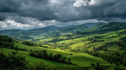 Dramatic Sunlight Pierces Storm Clouds Over Lush Rolling Green Hills.