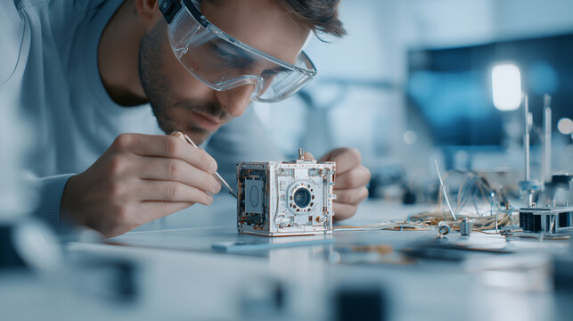 Aerospace engineer inspecting CubeSat model on workbench.