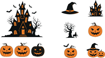 Halloween vector elements featuring haunted house and pumpkins