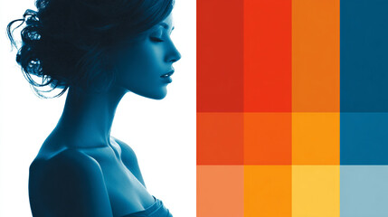 Profile of a woman with colorful square abstract design.