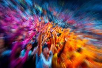 Captivating and energetic depiction showcases a crowd of people with outstretched arms, captured using motion blur with vibrant bursts of colors