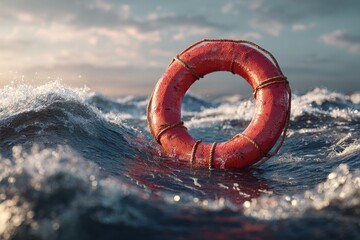 Crimson Hope Adrift - A Solitary Lifebuoy on a Turbulent, Sunlit Ocean.