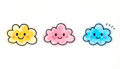 Cheerful hand-drawn watercolor clouds with smiling faces, a vibrant and playful illustration.
