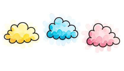 Obraz premium Vibrant Watercolor Clouds Illustration with Hand-Drawn Outlines. Artistic Yellow, Blue, and Pink Cloud Shapes on White Background.
