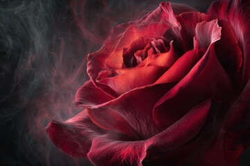 Crimson Rose in Ethereal Smoke - Dramatic Floral Still Life, Dark Background.