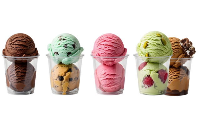 Ice cream scoop ball on transparent background cutout, colorful ice cream scoop in bow, top view. PNG file. Many assorted different flavour Mockup template for artwork design.	