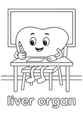 coloring book liver organ studying at desk in classroom, anatomy cartoon for kids