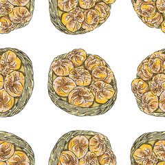 Sweet soft buns in baskets, seamless patterns, fresh pastries, dessert, wallpaper, paper, hand drawings, vector illustration, white background