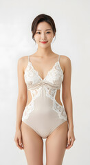 Fototapeta premium Beautiful young Asian woman modeling an elegant lace bodysuit or lingerie set in a studio with a white background