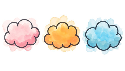 Obraz premium Whimsical watercolor clouds illustration featuring pink, orange, and blue hand-painted shapes with black outlines on a clean white background