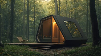 Modern tiny cabin immersing in peaceful forest environment