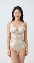 Fototapeta premium Beautiful young Asian woman modeling an elegant lace bodysuit or lingerie set in a studio with a white background