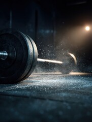 Dramatic Weightlifting - Barbell Impact with Dust in Dark Gym, Spotlight.