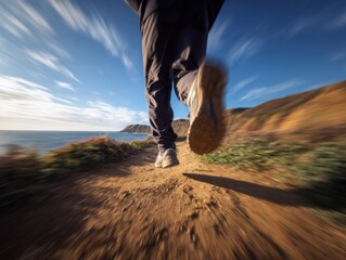 Dynamic perspective captures a person's legs and running shoes in motion, jogging along a coastal trail with a blurred effect.