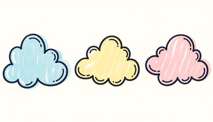 Obraz premium Set of three colorful hand-drawn cartoon clouds in blue, yellow, and pink, illustrated with marker pens on a plain light background.