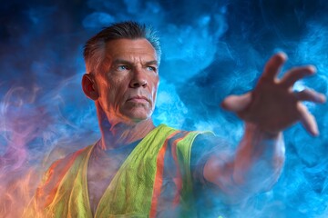 Experienced Construction Worker Reaches Out in a Mystical Smoky Environment