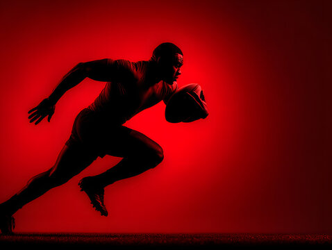 Dynamic silhouette of an athlete running with a rugby ball against a vibrant red background