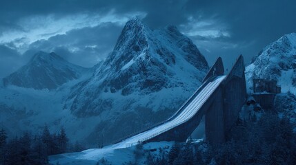 Dramatic Winter Landscape - Ski Jump Silhouette Against Snowy Mountain Peaks.
