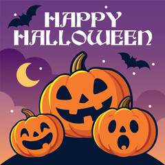 Vector illustration of three Halloween pumpkins with funny and scary carved faces, set against a night background with spooky atmosphere. Perfect for postcards, party invitations, posters and holiday 