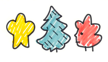 Obraz premium Collection of colorful marker pen doodles featuring a Christmas tree, star, and abstract shapes, perfect for playful holiday design elements.