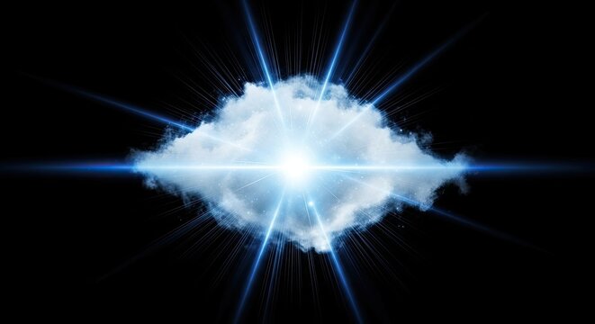 Glowing cloud with blue light rays on dark background - Powered by Adobe