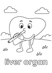 coloring book liver organ playing flute in field, anatomy cartoon for kids