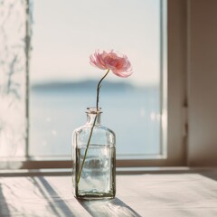 Delicate Pink Ranunculus in Glass Bottle on Sunlit Windowsill with Serene Water View and Strong Shadows.