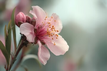 Delicate Pink Spring Blossom with Golden Stamens and Soft Bokeh Background.