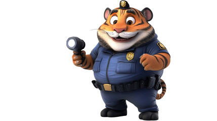 Fototapeta premium Tiger Policeman Illustration: A jovial tiger in a police uniform, holding a flashlight with a friendly smile, represents the concept of law enforcement in a fun illustration.